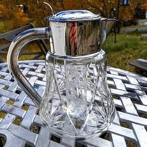 🍋🍋Antique Silver Dorothy Cut Glass Lemonade Pitcher - Sunburst & Grapes design